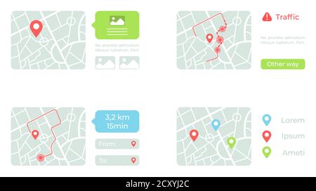 Maps with routes UI elements kit Stock Vector