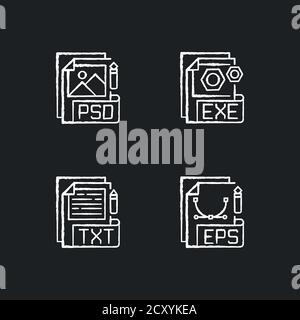 File types chalk white icons set on black background Stock Vector