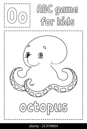 Letter O is for octopus . ABC game for kids. Alphabet coloring page. Cartoon character. Word and letter. Vector illustration. Stock Vector