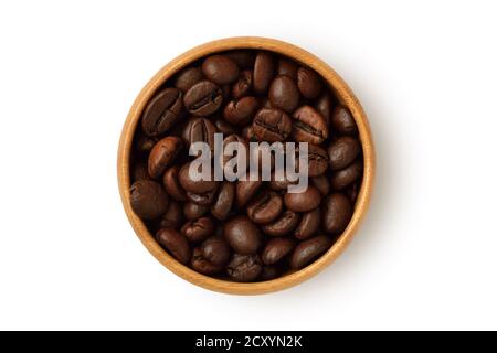 Coffee beans in wooden bowl on white background Stock Photo