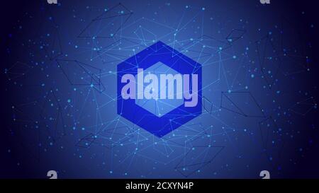 ChainLink LINK token symbol of the DeFi project cryptocurrency theme on a blue polygonal background. Cryptocurrency logo icon. Decentralized finance. Stock Vector