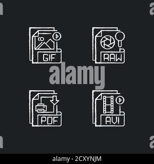 File types chalk white icons set on black background Stock Vector