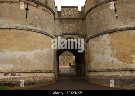 13th century twin D tower gatehouse entrance to Rockingham Castle, England, UK Stock Photo
