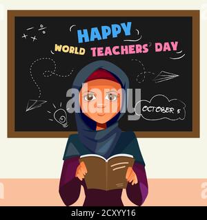 Happy World Teacher's Day, 4 October, poster with teacher in classroom and chalkboard, vector illustration Stock Vector