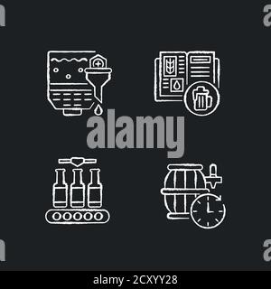 Beer production chalk white icons set on black background Stock Vector