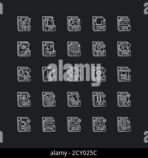 File extensions chalk white icons set on black background Stock Vector