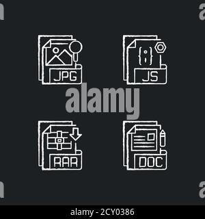 File types chalk white icons set on black background Stock Vector
