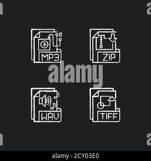 File types chalk white icons set on black background Stock Vector
