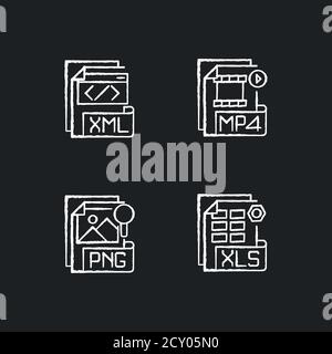 File types chalk white icons set on black background Stock Vector