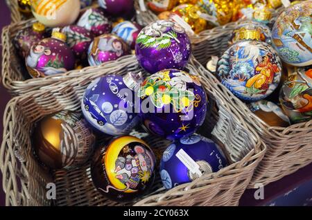 December 20, 2019 Moscow, Russia. Handmade Christmas toys on the store counter. Stock Photo