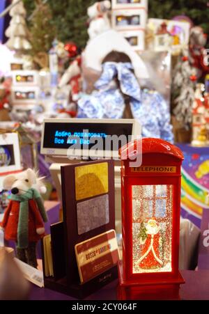 December 20, 2019 Moscow, Russia. Handmade Christmas toys on the store counter. Stock Photo