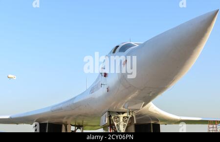 August 30, 2019 Zhukovsky, Russia.  Soviet and russian supersonic strategic bomber-missile carrier with variable sweep wing Tupolev Tu-160 at the Inte Stock Photo