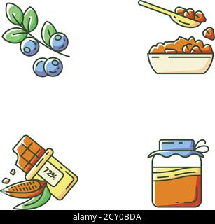 Healthy vegetarian meals RGB color icons set Stock Vector
