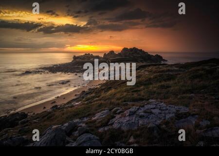 Castro de BaroÃ±a ruins at sunset. Porto do Son, Galicia, Spain. Stock Photo