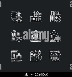 Beer production technology chalk white icons set on black background Stock Vector