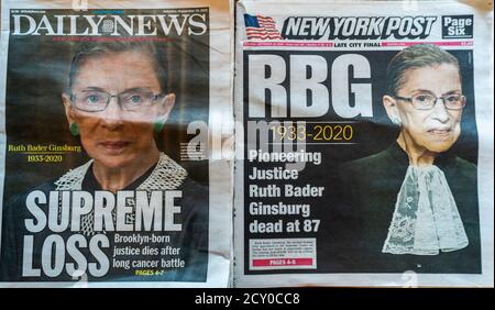 Front pages and headlines of the New York newspapers on Saturday, September 19, 2020 report on the previous days’ death of Supreme Court Justice Ruth Bader Ginsburg. The prominent jurist passed away on Friday, September 18 losing her battle against pancreatic cancer. (© Richard B. Levine) Stock Photo
