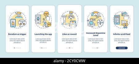 How social media addiction works onboarding mobile app page screen with concepts Stock Vector