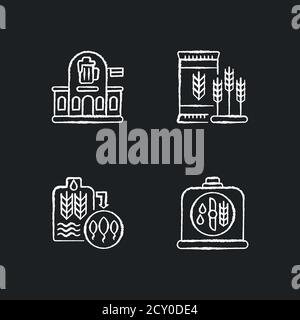 Brewery manufacture chalk white icons set on black background Stock Vector