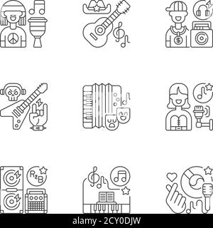 Musical songs types pixel perfect linear icons set Stock Vector