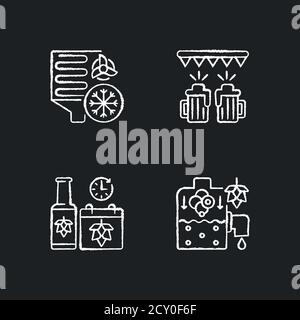 Brewery production chalk white icons set on black background Stock Vector