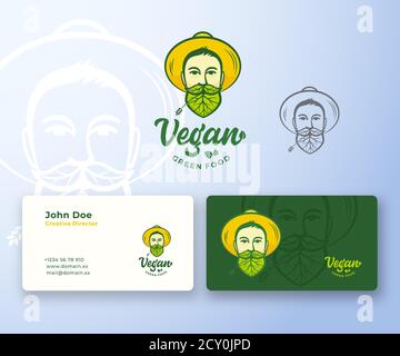Vegan Food Abstract Vector Logo and Business Card Template. Young Man in Gardener Hat. Face with Leaves Incorporated in Beard and Moustache. Premium Stock Vector