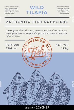 River Fish Abstract Vector Packaging Design or Label. Modern Typography Banner, Hand Drawn Tilapia Silhouette with Lettering Logo Stamp. Color Paper Stock Vector