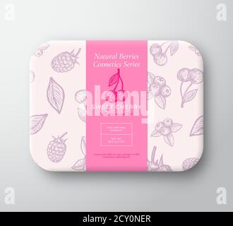 Sweet Cherry Bath Cosmetics Package Box. Abstract Vector Wrapped Paper Container with Label Cover. Packaging Design. Modern Typography and Hand Drawn Stock Vector