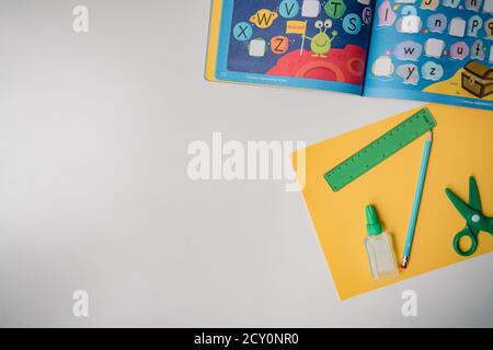 educational activity project supplies on white background Stock Photo