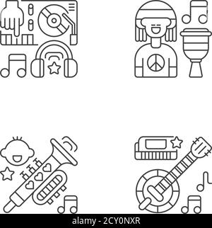 Modern music genres variety pixel perfect linear icons set Stock Vector
