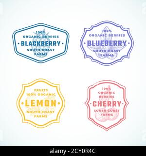 Organic Fruits and Berries Abstract Vector Signs, Symbols or Logo Templates Set. Black Berry, Lemon and Cherry Sketch Sillhouettes with Classic Retro Stock Vector