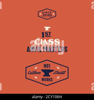 Blacksmith Master Reward Vector Vintage Signs, Emblems or Logo Templates Set. Anvil Icons with Retro Typography Abstract Emblems Bundle. Shabby Stock Vector