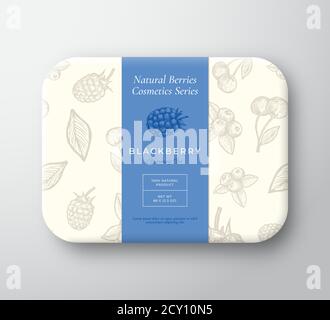 Blackberry Bath Cosmetics Package Box. Abstract Vector Wrapped Paper Container with Label Cover. Packaging Design. Modern Typography and Hand Drawn Stock Vector