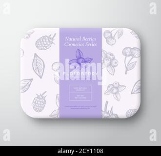 Elderberry Bath Cosmetics Package Box. Abstract Vector Wrapped Paper Container with Label Cover. Packaging Design. Modern Typography and Hand Drawn Stock Vector