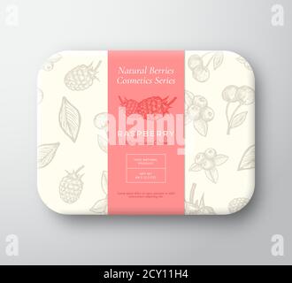Raspberry Bath Cosmetics Package Box. Abstract Vector Wrapped Paper Container with Label Cover. Packaging Design. Modern Typography and Hand Drawn Stock Vector