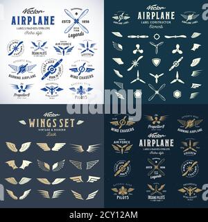 Airplane Retro Labels Construction Bundle. Plane Propellers Logos Set with Wings Symbols, Shields Icons and Decorative Elements.Vintage Style Stock Vector