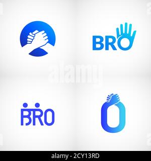 Informal Greeting Handshake Abstract Vector Sign, Emblem or Logo Templates Bundle. Brotherhood or Team Lettering Icon. Friendly High Five Palm Hand Stock Vector