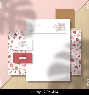 Business Cards and Letterhead on Terrazzo Pattern Tile and Surface Background with a Monstera Palm Leaves Shadow Overlay. Realistic Vector Stationary Stock Vector