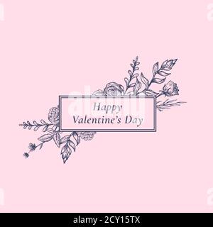 Valentines Day Abstract Botanical Label with Rectangle Frame Floral Banner and Retro Typography. Hand Drawn Rose and Peony Flowers, Leaves Sketches Stock Vector