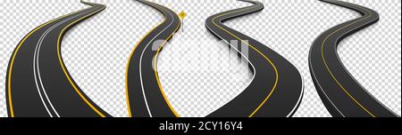 Winding roads, black asphalt highways with white and yellow marking. Vector realistic set of curved car ways or streets and dead end sign isolated on transparent background Stock Vector