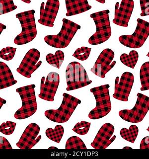 Checkered Hat and gloves seamless pattern. Red and white vichy color. Winter Merry Christmas design surface. Vector illustration isolated on white Stock Vector