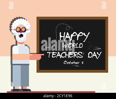 Happy World Teacher's Day poster, 4 October, banner with male teacher in classroom, vector illustration Stock Vector