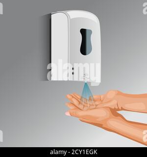 Closeup of two hands under the automatic sanitizer dispenser. cleaning of hands. Infection prevention concept.vector illustration Stock Vector