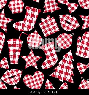 Winter seamless pattern with hat, glove, ball, gift, lips, kiss, boot. Vector Checkered Vichy texture fabric design isolated on black background Stock Vector