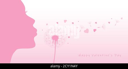 girl blows dandelion with heart silhouette vector illustration EPS10 Stock Vector