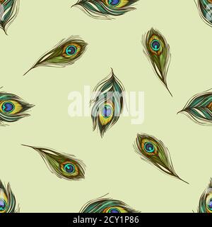 Seamless pattern with hand drawn colored peacock feathers Stock Vector