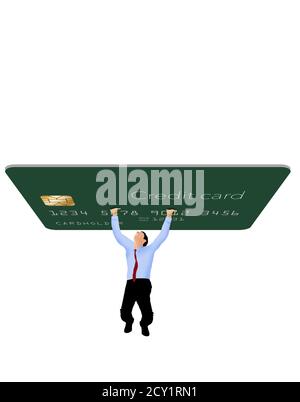 A man struggles to hold up a giant credit card that represent credit card debt. Image isolated on a white background with text area or copy space. Stock Photo