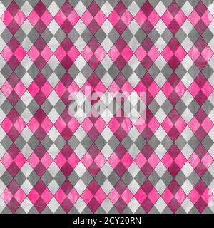 Argyle seamless plaid pattern. Watercolor hand drawn gray and pink texture background. Watercolour diamond shapes background. Print for cloth design, Stock Photo