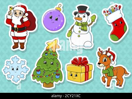 Set of stickers with cute cartoon characters. Christmas theme. Hand drawn. Colorful pack. Vector illustration. Patch badges collection. Label design e Stock Vector