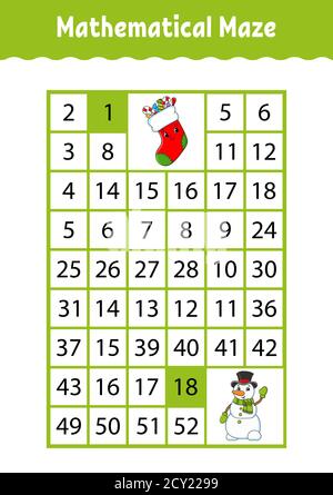 Mathematical rectangle maze. Game for kids. Number labyrinth. Education worksheet. Activity page. Riddle for children. Cartoon characters. Stock Vector