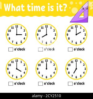 Learning time on the clock. Educational activity worksheet for kids and toddlers. Game for children. Simple flat isolated color vector illustration in Stock Vector
